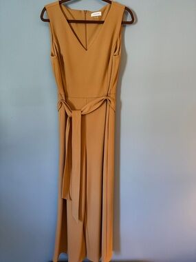 Calvin Klein Camel Sleeveless V-Neck Tie-Waist Wide Leg Jumpsuit Size 12 Like Ne